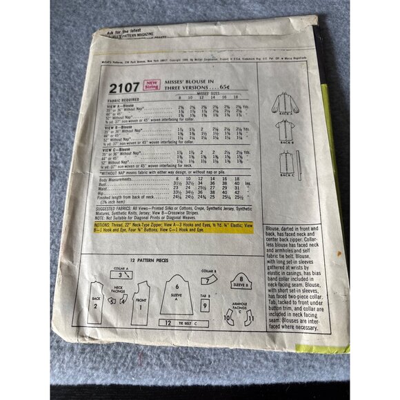 McCalls 2107 Misses Blouse Step-By-Step Pattern 1969 Sizes 12 Vintage Sewing Cra - Picture 2 of 5